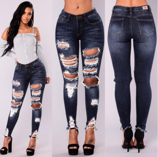 SZ60212 Women Fashion Ripped High Waist Bodysuit Denim Jeans Pencil Pants